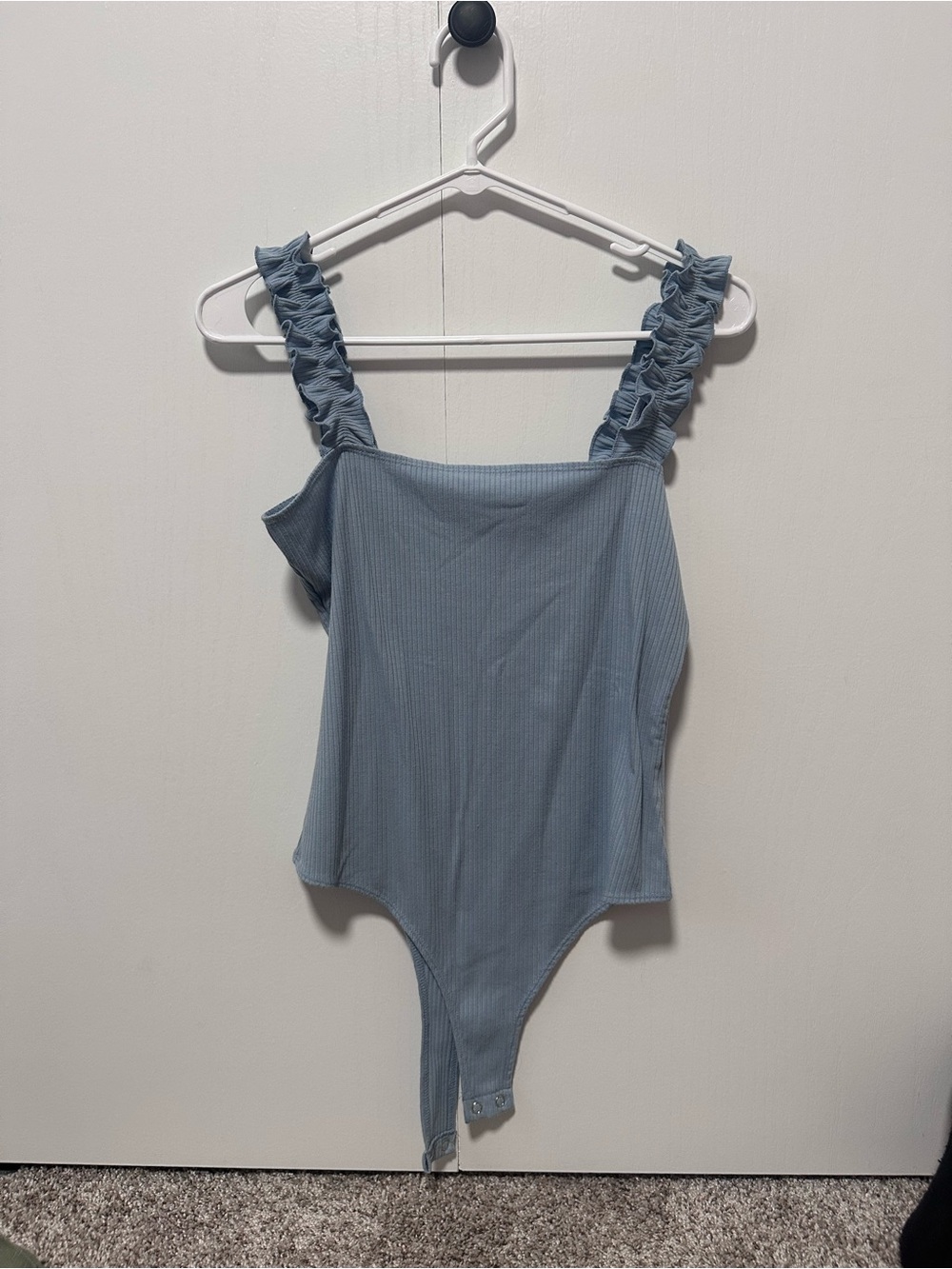 Double Zero Light Blue Ruffled Strap Ribbed Bodysuit